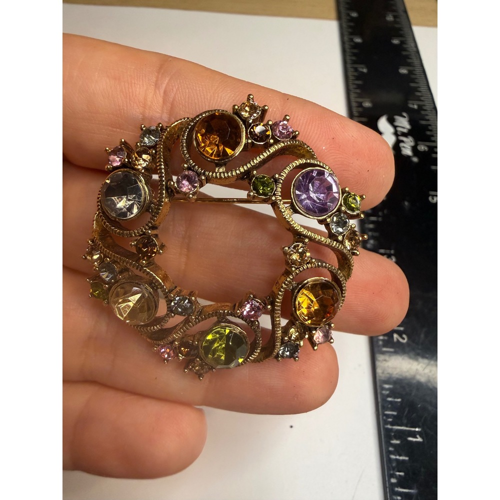 Monet Gold Tone Multi Color Rhinestone Wreath Brooch Pin Vintage Jewelry